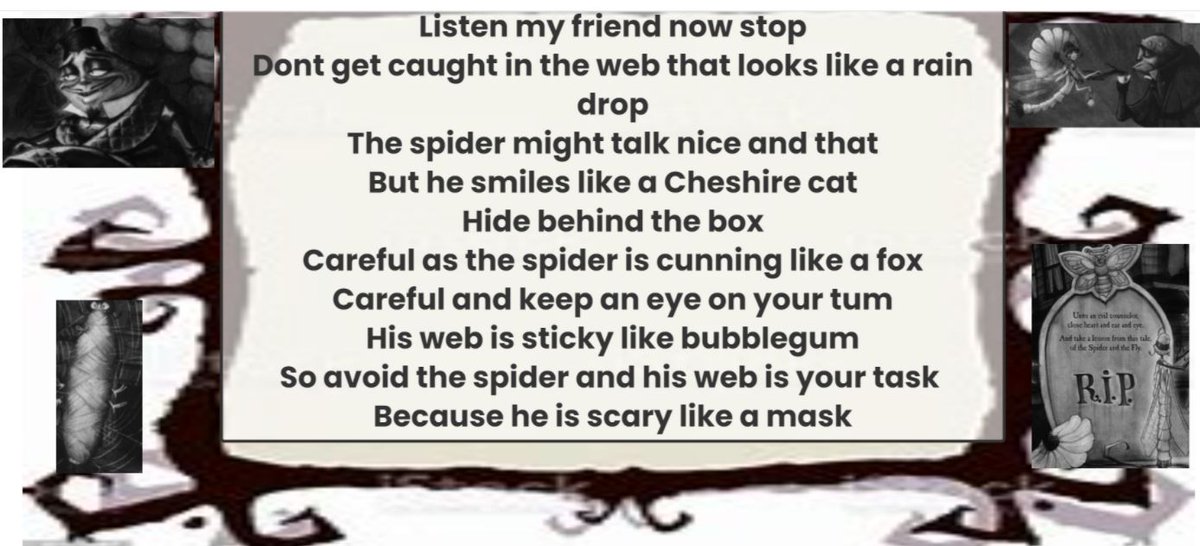 ChilternY4's tweet photo. Even more amazing poems inspired by the cautionary tale #TheSpiderandtheFly by #MaryHowitt #TonyDiTerlizzi #TheSpiderandtheFly #PrimarySchool #Year4 #Writing #Poetry @hiasenglish #remotelearning #KS2 https://t.co/zYjkgw4evo