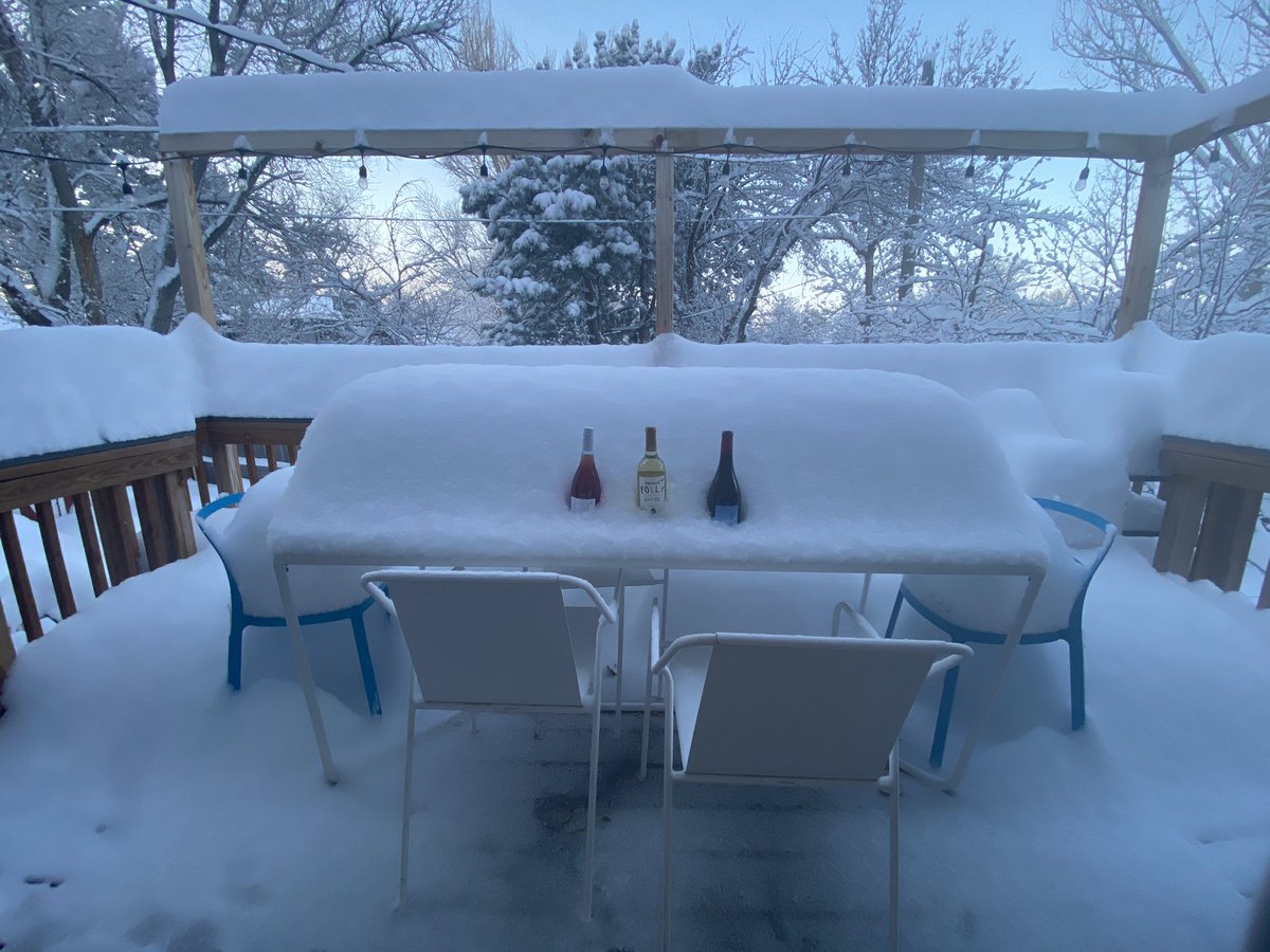 ColoradoWine's tweet photo. Well, 18” of snow equals 1.5 bottles of wine deep on patio furniture... @KyleClark @nexton9news #snowday #COwine #drinklocal https://t.co/pNjKSwm9Hn