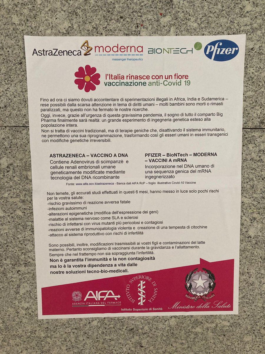 🔴🔴 A #Bergamo sono comparsi questi volantini con logo delle case  farmaceutiche, AIFA e Ministero. SONO FALSI e contengono FALSE e pericolose  argomentazioni no vax. Se li trovate o se vi vengono, image size:900x1200