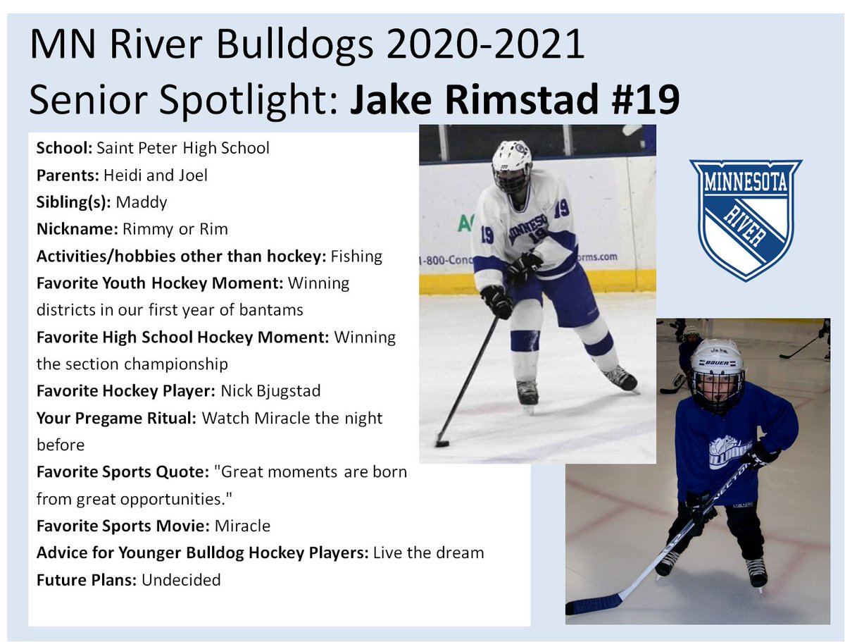 MNRiverBulldogs's tweet image. Todays senior spotlight starts with Jake Rimstad! Jake's a senior at St Peter High School &amp;amp; a defenseman for the Bulldogs. Jake is a captain on this years team &amp;amp; has logged a ton of time for us the last few years at D. Going to miss the everyday shorts next year! #bulldogfamily