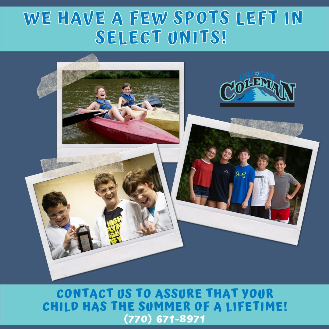 Though many age groups are filled to capacity, a handful of spaces still remain in certain age groups.  Please call today to secure a space at Coleman for 2021!

Check out our upcoming prospective family info sessions and register to learn more! 

campcoleman.org/new-families/u…