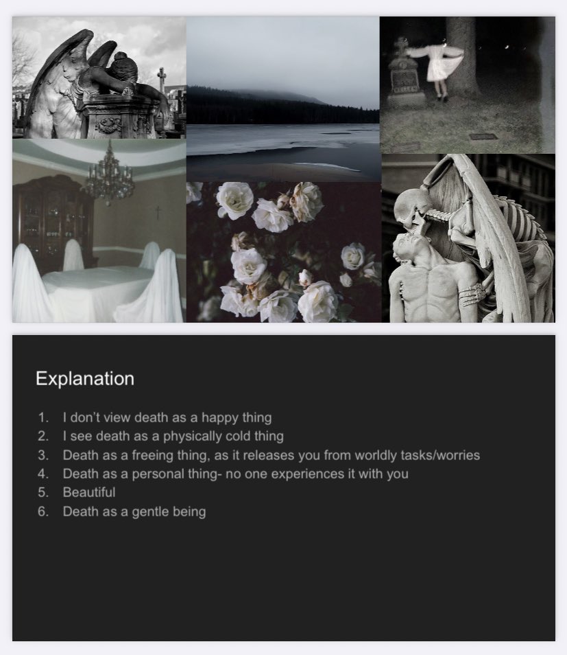 missgionta's tweet photo. to intro Dickinson and her work Because I could not stop for Death, my students made Death Personification Boards, where they used pictures and bullet points to describe how they view death as a person/experience! this was my example for them 😊 https://t.co/7mN94CE7db