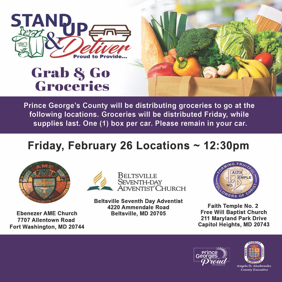 Through the County’s Stand Up &amp; Deliver program, Prince George’s County will be distributing groceries to go at various locations this Friday, February 26 at 12:30 PM. #PGCCOVID19 #ProudtoProvide