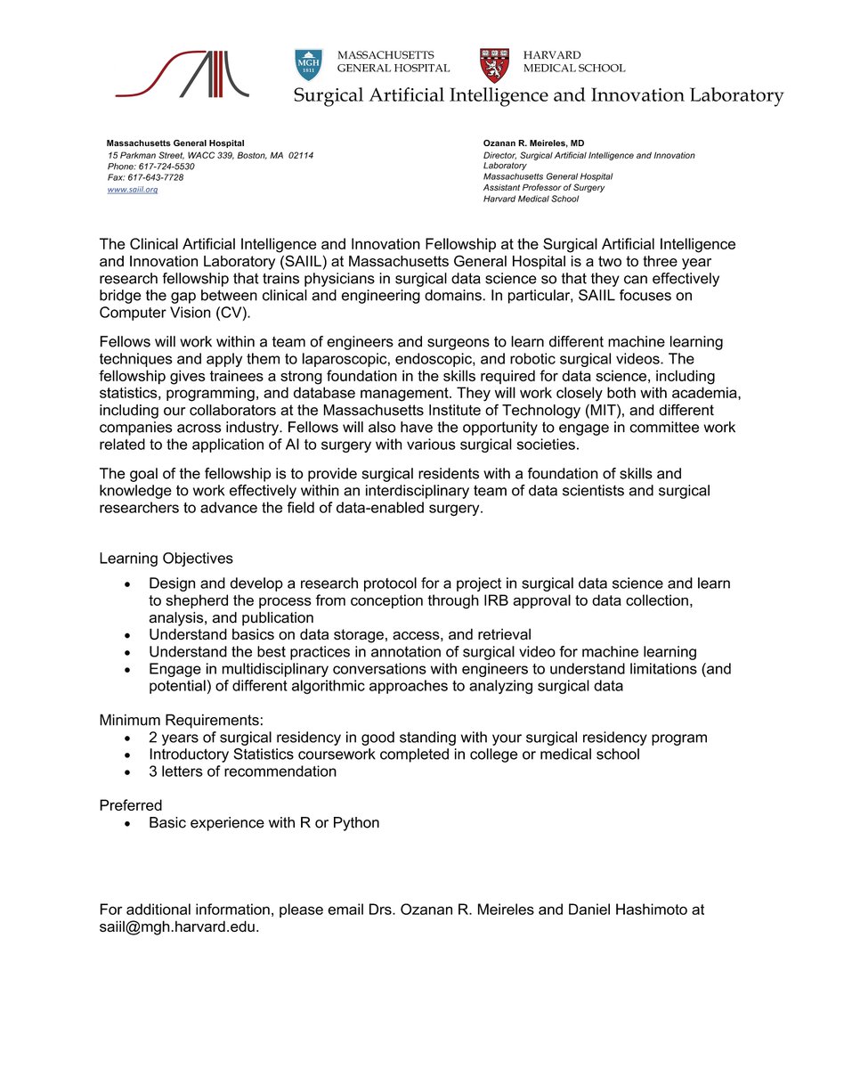 Are you a #surgery resident interested in #AI #computervision? <a href="/MGHSurgery/">Mass General Surgery</a> <a href="/MGHSAIIL/">MGH SAIIL</a> has a funded fellowship position available for a clinical research fellow as early as this summer! More info about SAIIL at saiil.org