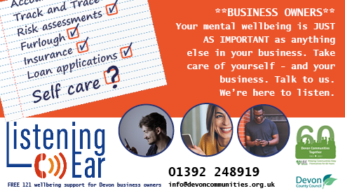 DevonCC's tweet photo. Struggling with the pressure of running a business during a #pandemic? 
Chat to a Listening Ear volunteer about whatever’s making you stressed. This isn’t business advice; it’s prioritising YOU &amp; making sure you have someone to talk to 👇
https://t.co/0fJr3ogPOM
@DevComsTogether https://t.co/2GQPnhddxC