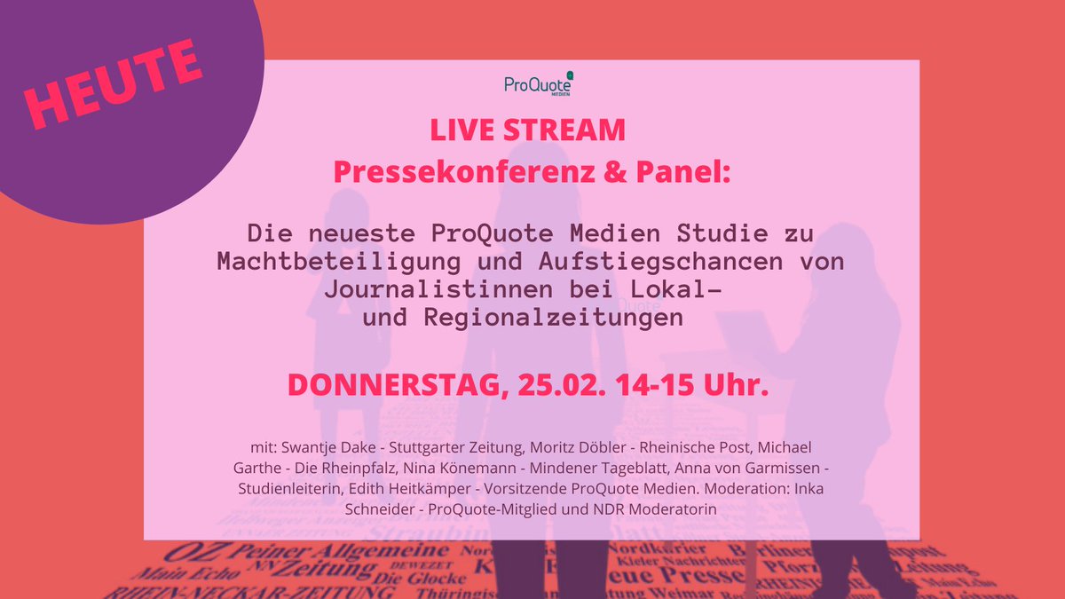quote_pro's tweet photo. Heute ist es soweit! Wir freuen uns, Sie &amp; euch heute bei der Vorstellung unserer neuesten Studie "Männerdomäne Regionalpresse: Wo bleiben die Führungsfrauen?" zu sehen &amp; zu diskutieren. Um 14 Uhr geht's los! 

Treffpunkt: https://t.co/yP8faETYO0…
 #ProQuoteMedienStudie https://t.co/2X7LmRvLGk