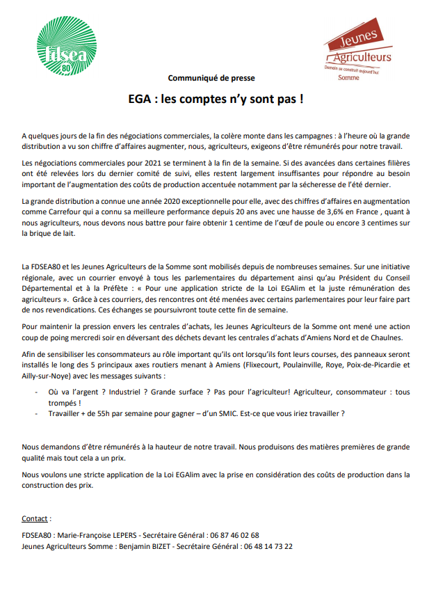💥Hier soir, nous avons réalisé deux actions coup de poing sur les centrales d'achat de Chaulnes (Intermarché) et d'Amiens (Simply Market) pour une rémunération plus juste de nos produits et de notre travail💥➡️Faire respecter la loi #EGAlim  #jeunesagriculteurs
<a href="/FDSEA80/">FDSEA Somme</a>