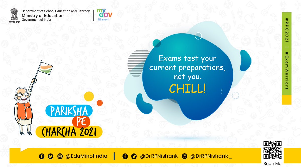 EduMinOfIndia's tweet photo. Exams test your current preparations, not you. Chill!
Leave your stress behind &amp; get ready to tune in to Pariksha ki baat, PM ke saath!

Visit https://t.co/5tEkykaylG for details.
Hurry, don't let this golden opportunity slip away!
#PPC2021 #ExamWarriors https://t.co/EdYq1cAmM1