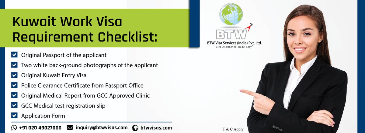 BTWVisaServices's tweet photo. Kuwait Employment Visa
Checklist for work Permit are as follows,
APPLY NOW!!!
For More Details, Call: +91 02049027000 | Email: inquiry@btwvisas.com | Visit: https://t.co/rSFfxxtbfO
#kuwaitvisa #kuwaitworkvisa #kuwaitempolymentvisa #kuwaitpermit #travelsafe #kuwaitnews https://t.co/thCs2vHc0P