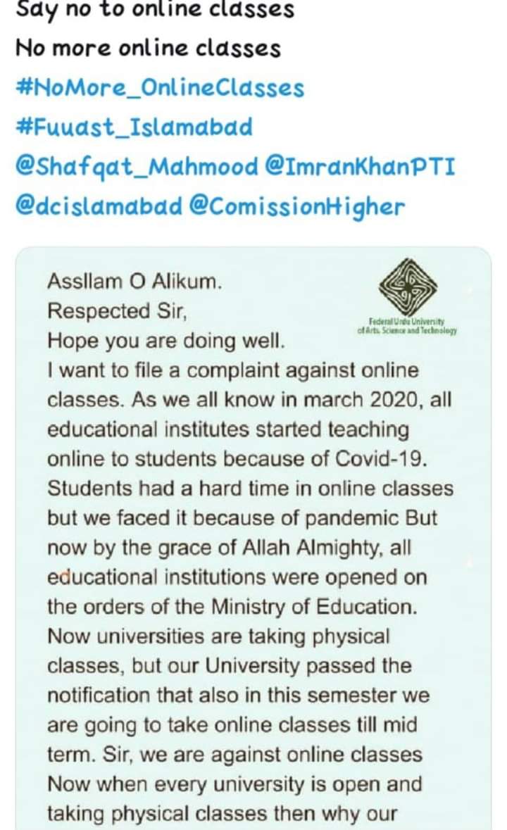 DaniyalShahidB1's tweet image. #nomoreonlineclasses
#fuuast_islamabad
@Shafqat_Mahmood
@ImranKhanPTI @dcislamabad
@MaryamNSharif