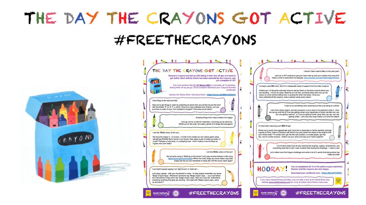 SolihullNorth's tweet photo. Another of the resources shared with schools yesterday to support an active @WorldBookDayUK - The Day The Crayons Got Active. 

10 activity ideas to promote movement whilst having fun all linked to the story the day the crayons quit.

#edutwitter @YouthSportTrust @YourSchoolGames https://t.co/5mS3q8aOMJ