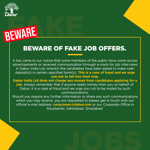 DaburIndia's tweet photo. #CautionNotice – Please be aware of fraudulent emails and adverts on social media offering jobs in Dabur India Ltd. For any career related queries, pls write to careers@dabur.com
.
#dabur #daburindia #celebratelife #scienceofayurveda #fakejob #beware #caution #cautionnotice https://t.co/5AEHEdVk02