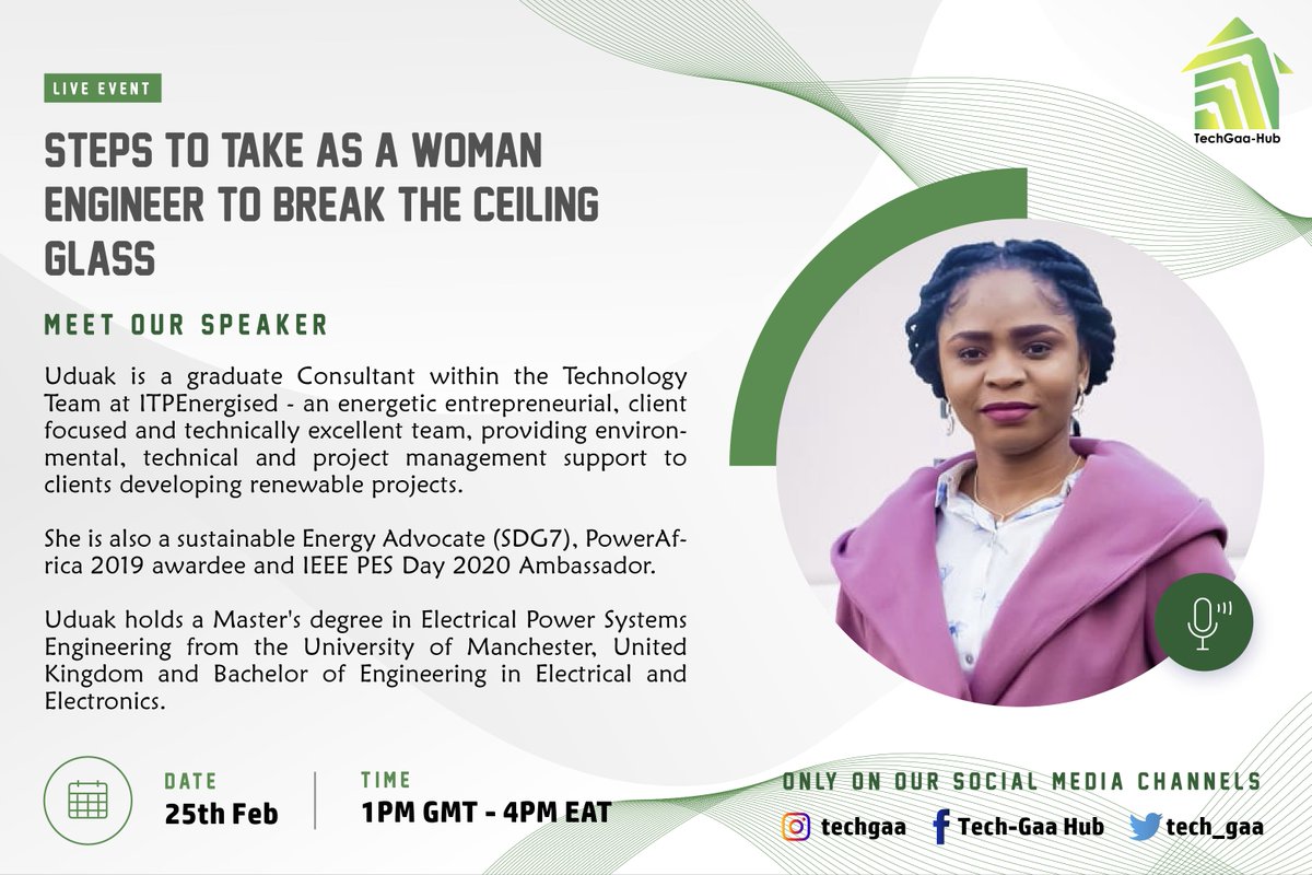 tech_gaa's tweet photo. Join us for our Introduce a Girl to Engineering Day (Girl Day) podcast session. Our guest speaker @UAkpanedet will share with us efforts being taken to familiarize more girls in the engineering field with the prerequisite skills they need to advance in their careers. #TechGaa https://t.co/A3MetgxAtb