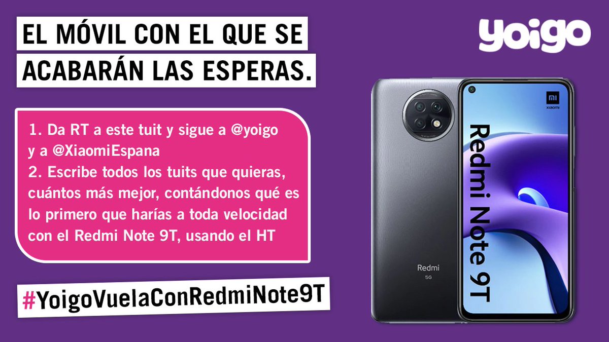 yoigo's tweet photo. 📱 #CONCURSO 📱

Una conexión RÁPIDA y un móvil RÁPIDO necesitan alcanzar un TT RÁPIDAMENTE.

¡Sigue las instrucciones de la imagen y podrás ganar un Redmi Note 9T!

¡A POR ÉL! ➡️ #YoigoVuelaConRedmiNote9T https://t.co/hDbVQlW9gj