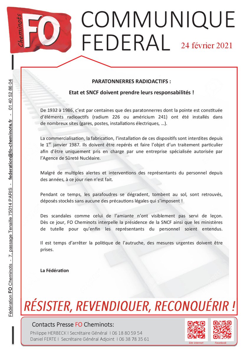 FO Cheminots (@focheminots) on Twitter photo Paratonnerres radioactifs: l'Etat et la SNCF doivent agir!
#nucleaire <a href="/barbarapompili/">Barbara Pompili</a> <a href="/Djebbari_JB/">Jean-Baptiste Djebbari</a> <a href="/JPFarandou/">Jean-Pierre Farandou</a> Paratonnerres radioactifs: l'Etat et la SNCF doivent agir!
#nucleaire <a href="/barbarapompili/">Barbara Pompili</a> <a href="/Djebbari_JB/">Jean-Baptiste Djebbari</a> <a href="/JPFarandou/">Jean-Pierre Farandou</a>