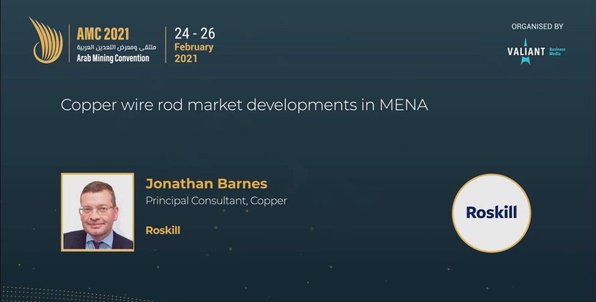 arabminingcon's tweet image. Jonathan Barnes, Principal Consultant, Copper, @Roskill_Info is speaking at #AMC2021 about copper wire rod market developments in MENA.

Tune in now, visit: arabminingconvention.vfairs.com

#mining #miningtechnology #virtualevents #arabmining #arableague #amc2021