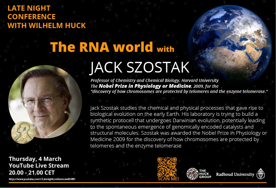 Huckgroup's tweet photo. Next Thursday we go live with the thrid episode of the #LateNightConference! Join us to talk with Jack Szostak, awarded with the Nobel Prize in Physiology or Medicine in 2009!
Subscribe to our channel and save the date! https://t.co/WnngAltiAK https://t.co/YpOrYgETMV