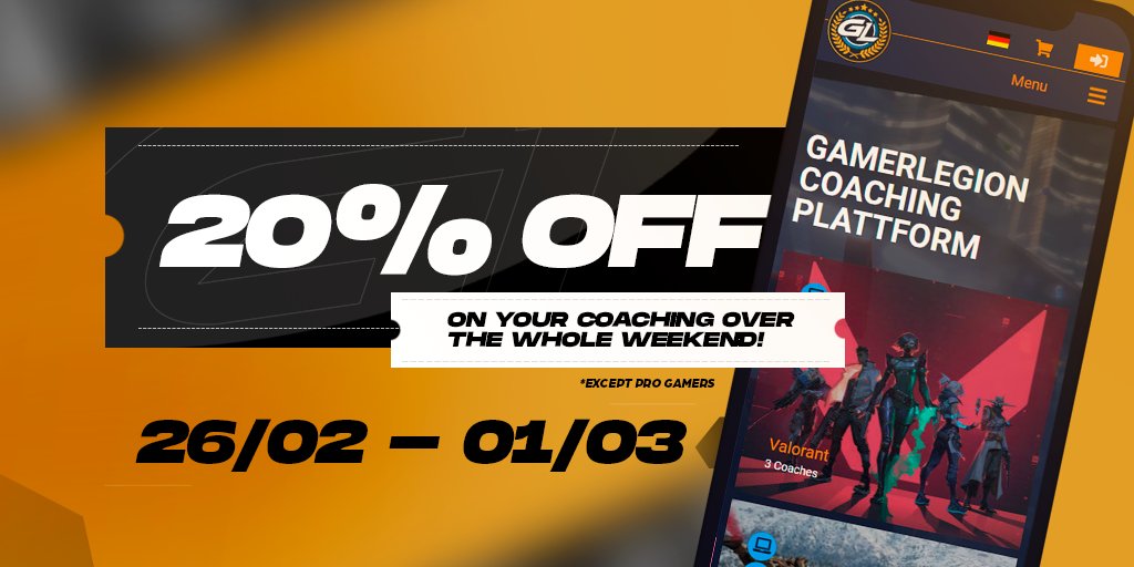 Stop losing, get some help. 🧑‍🏫
Book your coaching this weekend (starting Febuary 26th 10am CET till March 1st 10am CET) and get a 20% discount! 

🛒 coaching.gamerlegion.gg