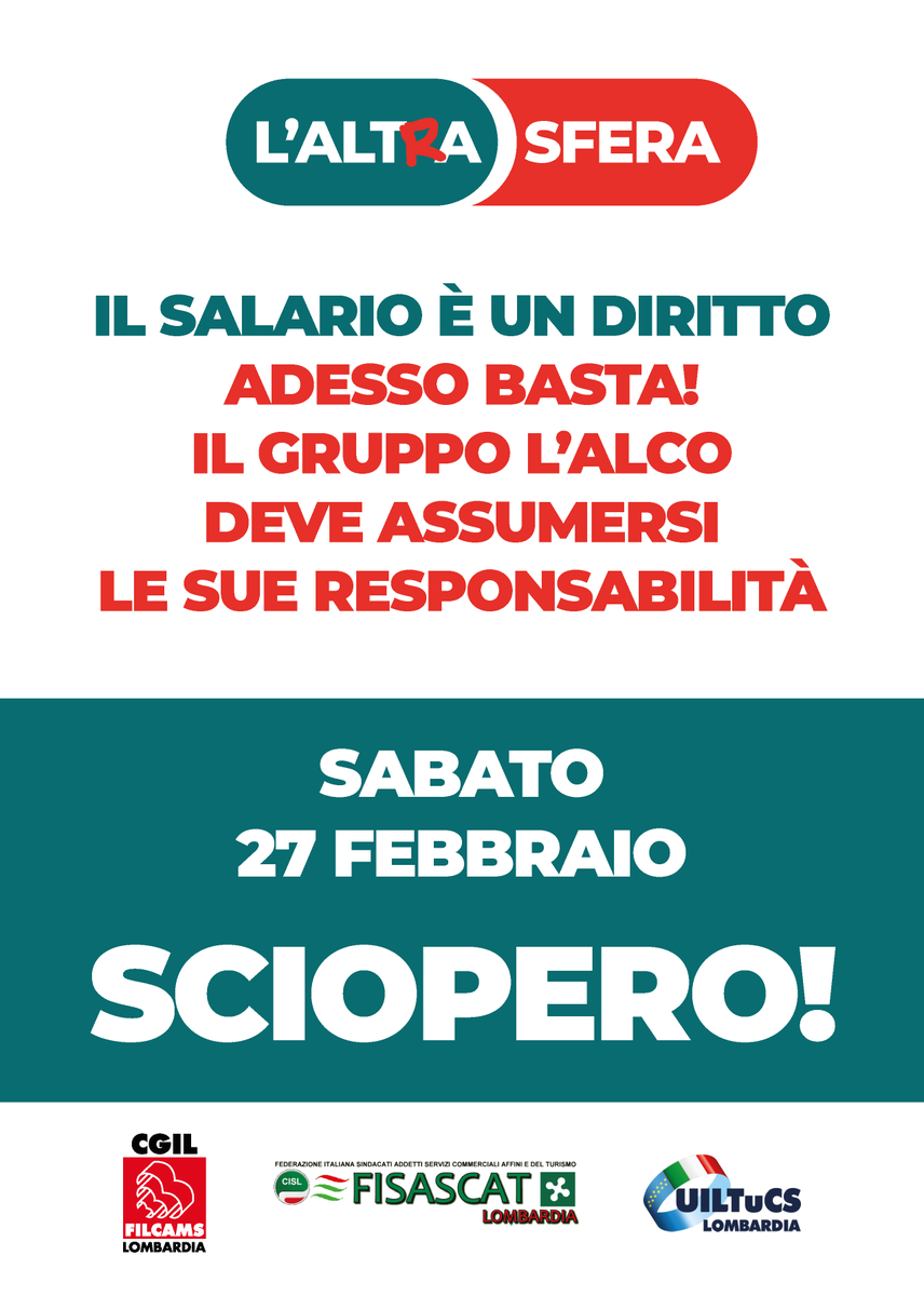 FilcamsLomb's tweet photo. GRUPPO L'ALCO, ADESSO BASTA!

Dopo aver lasciato centinaia di famiglie senza retribuzione, il Gruppo L'Alco è letteralmente scomparso nel nulla. 

Adesso basta, il Gruppo L'Alco deve assumersi le propre responsabilità nei confronti dei lavoratori!
Il salario è un diritto! https://t.co/0gRmSmVWrr