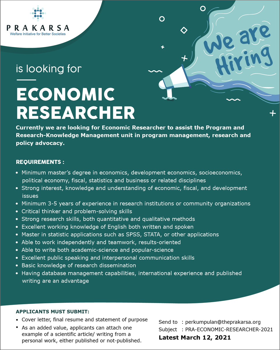 theprakarsa's tweet photo. JOB VACANCY

Currently, we are looking for ECONOMIC RESEARCHER and MEDIA OFFICER. Please send all the required documents to: perkumpulan@theprakarsa.org by March 12, 2021 at the latest.

#karir #lowongan #loker #job #vacancy #hiring #researcher #NGO #thinktank #jakarta #indonesia https://t.co/0uWZQKlrIp