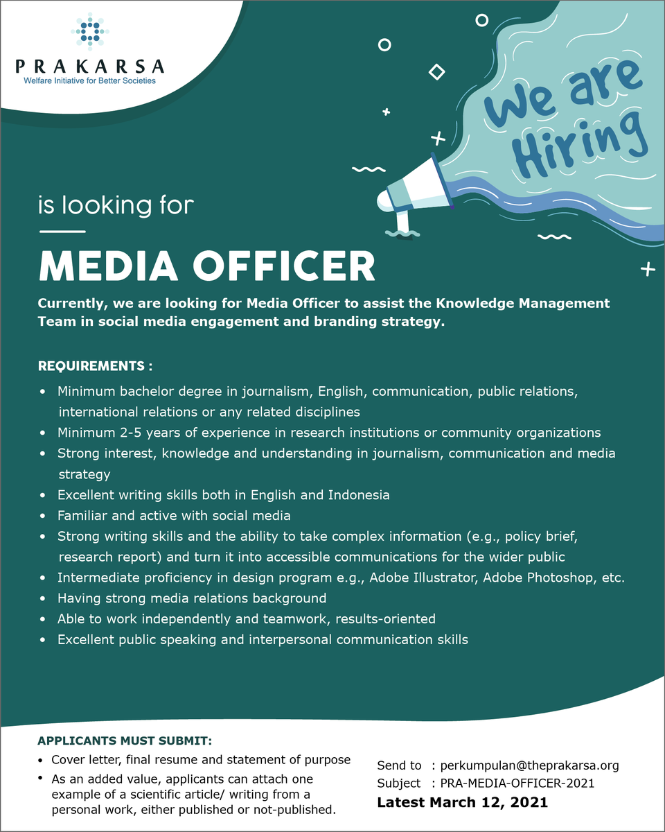 theprakarsa's tweet photo. JOB VACANCY

Currently, we are looking for ECONOMIC RESEARCHER and MEDIA OFFICER. Please send all the required documents to: perkumpulan@theprakarsa.org by March 12, 2021 at the latest.

#karir #lowongan #loker #job #vacancy #hiring #researcher #NGO #thinktank #jakarta #indonesia https://t.co/0uWZQKlrIp