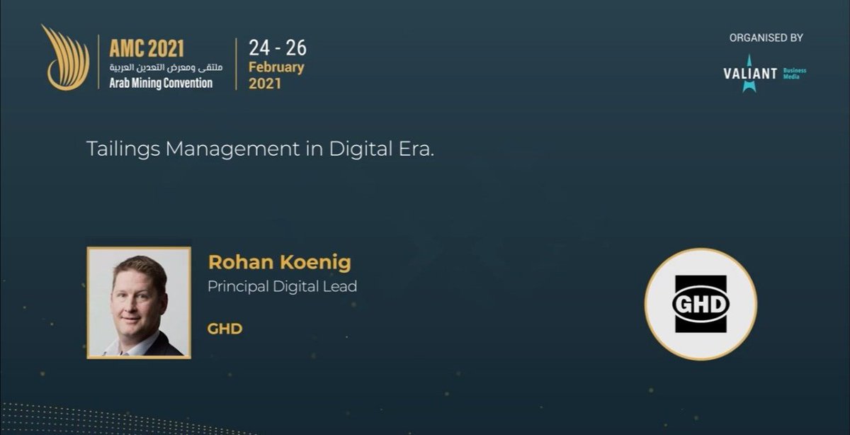 arabminingcon's tweet image. Hear from Rohan Koenig, Principal Digital Lead, @GHDspeaks who is speaking about Tailings Management in the Digital Era.

Visit arabminingconvention.vfairs.com and join the discussion now.

 #miningexploration #mining #virtualevents #virtualconferences #arabmining #arableague #amc2021