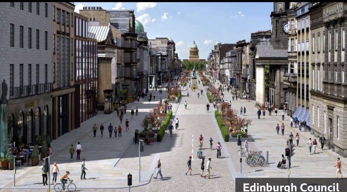 George St, Edinburgh to be pedestrianised. “Car parking will remain for blue badge holders and for shop loading access”. It will never look like this artist’s impression!