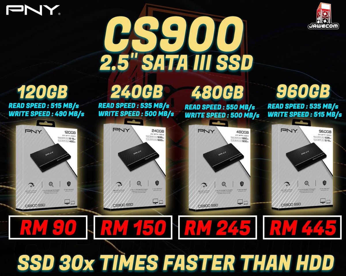jawecompc's tweet photo. Order PC dengan kami di https://t.co/4JA25wPTWF

✨PNY CS900 120GB 💵 RM 90
✨PNY CS900 240GB 💵 RM 150
✨PNY CS900 480GB 💵 RM 245
✨PNY CS900 960GB 💵 RM 445

Thank you for always supporting us at Jawecom! 😁✌️

@PNYTechnologies https://t.co/BeNUKIXqVU