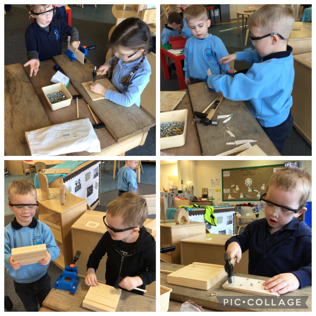 NurserySimpson's tweet photo. The boys and girls in The Explorers bubble have been using our new woodwork bench! Talking all about how to remain safe like Safe Sally and creating their own risk assessments #DYWF #developingfutureworkforce #GIRFEC https://t.co/0KtBXSr3xQ