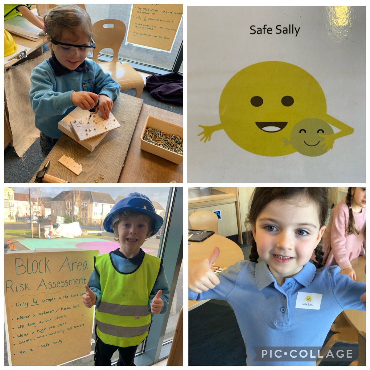 NurserySimpson's tweet photo. The boys and girls in The Explorers bubble have been using our new woodwork bench! Talking all about how to remain safe like Safe Sally and creating their own risk assessments #DYWF #developingfutureworkforce #GIRFEC https://t.co/0KtBXSr3xQ