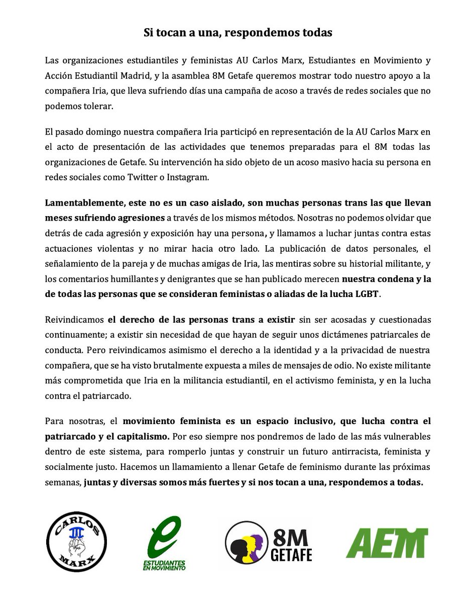 📢‼️@CarlosMarxUC3M <a href="/estudiantesem/">Estudiantes en Movimiento</a> @8mGetafe Sacamos un comunicado conjunto condenando los hechos acaecidos estos últimos días