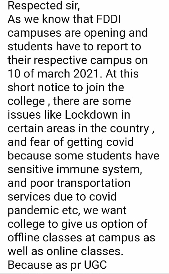 erakshaysingh's tweet photo. FDDI campuses are opening and they are forcing parents to sign on a affidavit which states that college wont be responsible if their ward get infected by covid. They are forcing student to attend offline classes, so many students have mailed this issue to Ministry of commerce, https://t.co/IwBujOGMGg