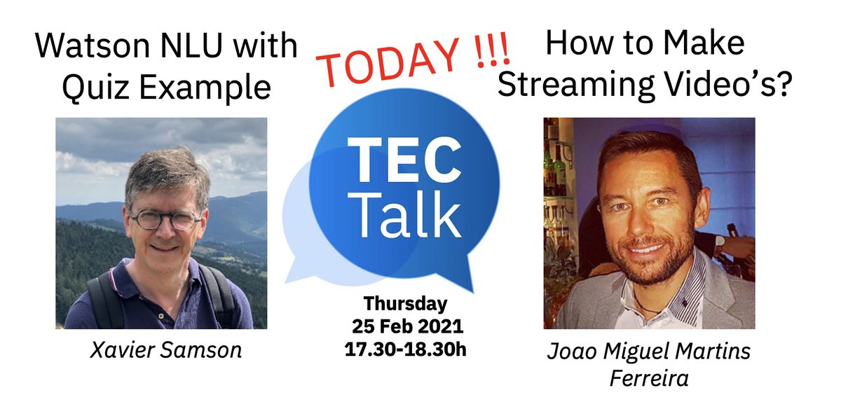 What is Watson NLU? I want to do Live Video Streaming, where do I start?
Join the next TEC Talk on Thursday 25 Feb, 5.30 PM, and find out! 
eventbrite.com/e/tec-talk-wat…
#TECTalk #WatsonNLU #StreamingVideo