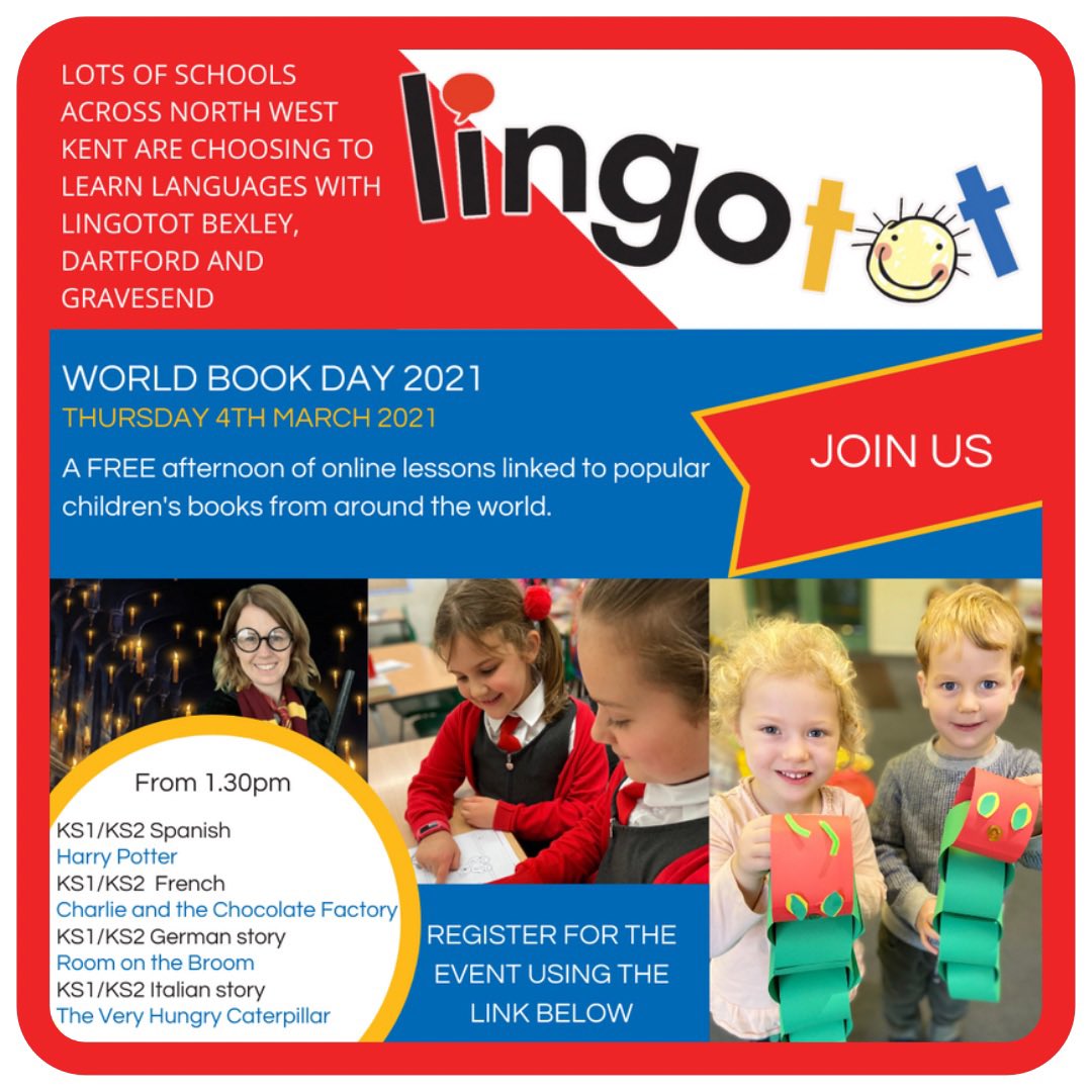 Primary teachers in SE London and NW Kent...make sure you sign your school up to our free #WorldBookDay2021 event on Thurs 4th March at forms.gle/2jo8wy667oCiju… Free fun for the kids and an afternoon off for you guys. #mfltwitterati