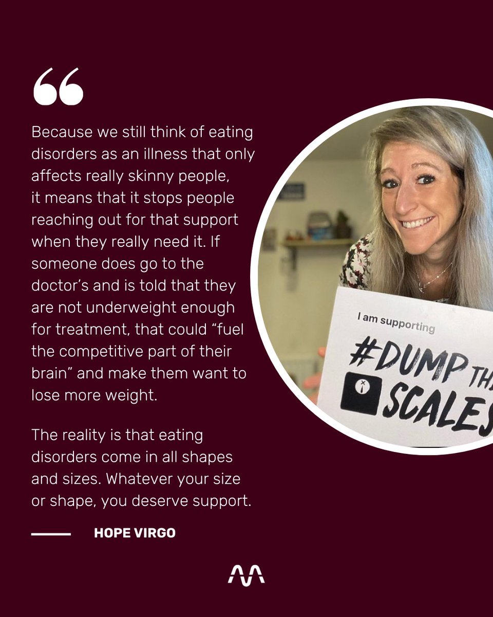 wearemindlabs's tweet image. For #EatingDisordersAwarenessWeek, we spoke to @HopeVirgo about the dangerous misconception that all those with eating disorders are thin. 

As Hope stresses, eating disorders come in all shapes and sizes. 

#dumpthescales #NEDAwarenessِWeek