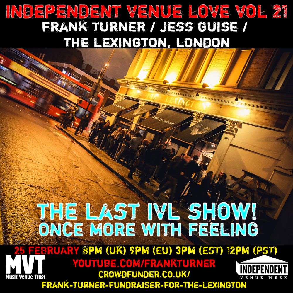 We are ecstatic to see <a href="/frankturner/">Frank Turner</a> &amp; <a href="/JessGuise/">Jessica Guise</a> live on <a href="/YouTube/">YouTube</a> later. 🤩

Join the stream from 8pm for the final volume of Independent Venue Love, where the community has raised over £250k+ to keep venues alive. 

Thank you for everything, (Sir) <a href="/frankturner/">Frank Turner</a>. See you later. 💘