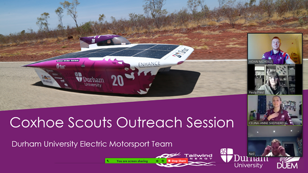 du_solarcar's tweet photo. Our Outreach Team have been busy preparing and delivering Zoom presentations, including a recent session with Coxhoe Beavers and Scouts!
#outreach #presentation #communityoutreach #outreachprogram #beavers #beaverscouts #presentationskills #duem #durhamuniversity #solarpower https://t.co/Zd2El56jH7