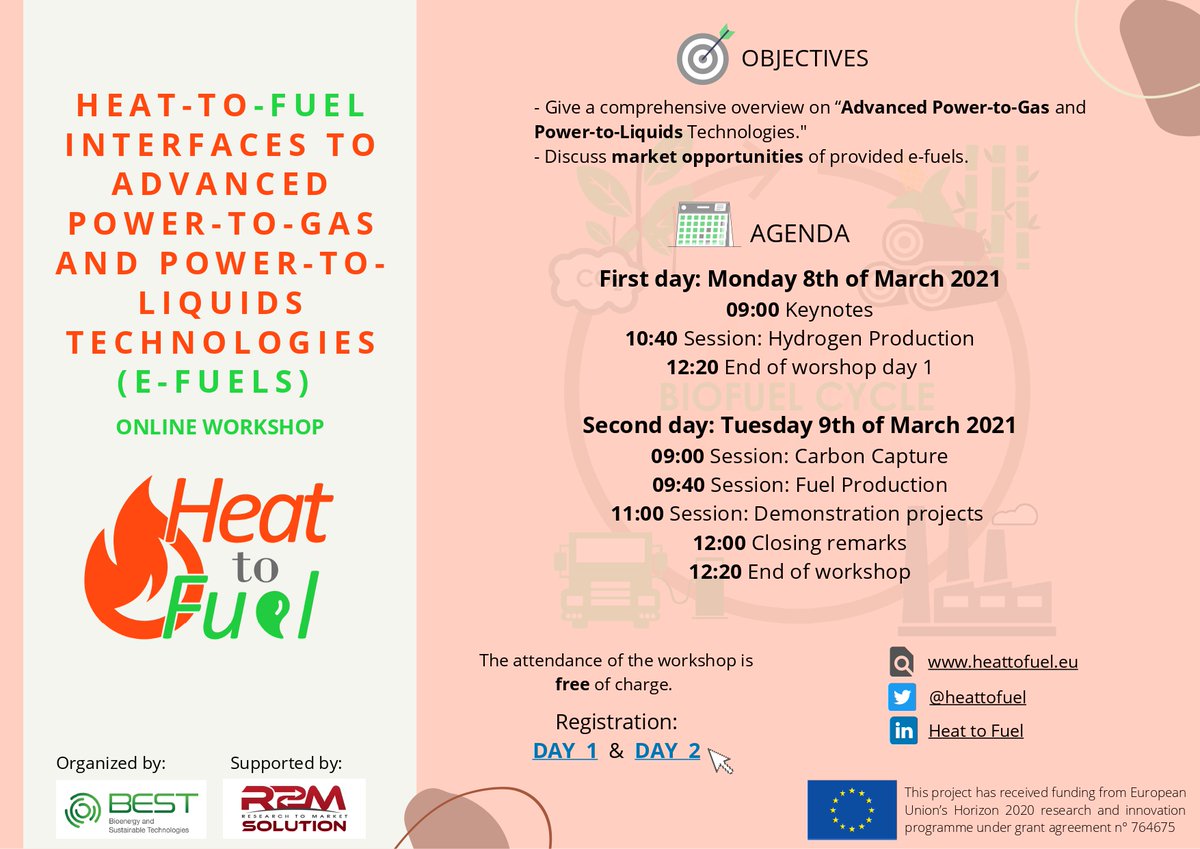 🗓️ Save the date!! The "e-Fuels workshop" is going to be the 8️⃣ and 9️⃣ of March! 🚀👏🏼 

For➕information, including the final agenda, check the following link heattofuel.eu/efuels-worksho…

✍🏼Attendance is free of charge:
Day 1: bit.ly/3pTaJMG 
Day 2: bit.ly/3bCeCAn
