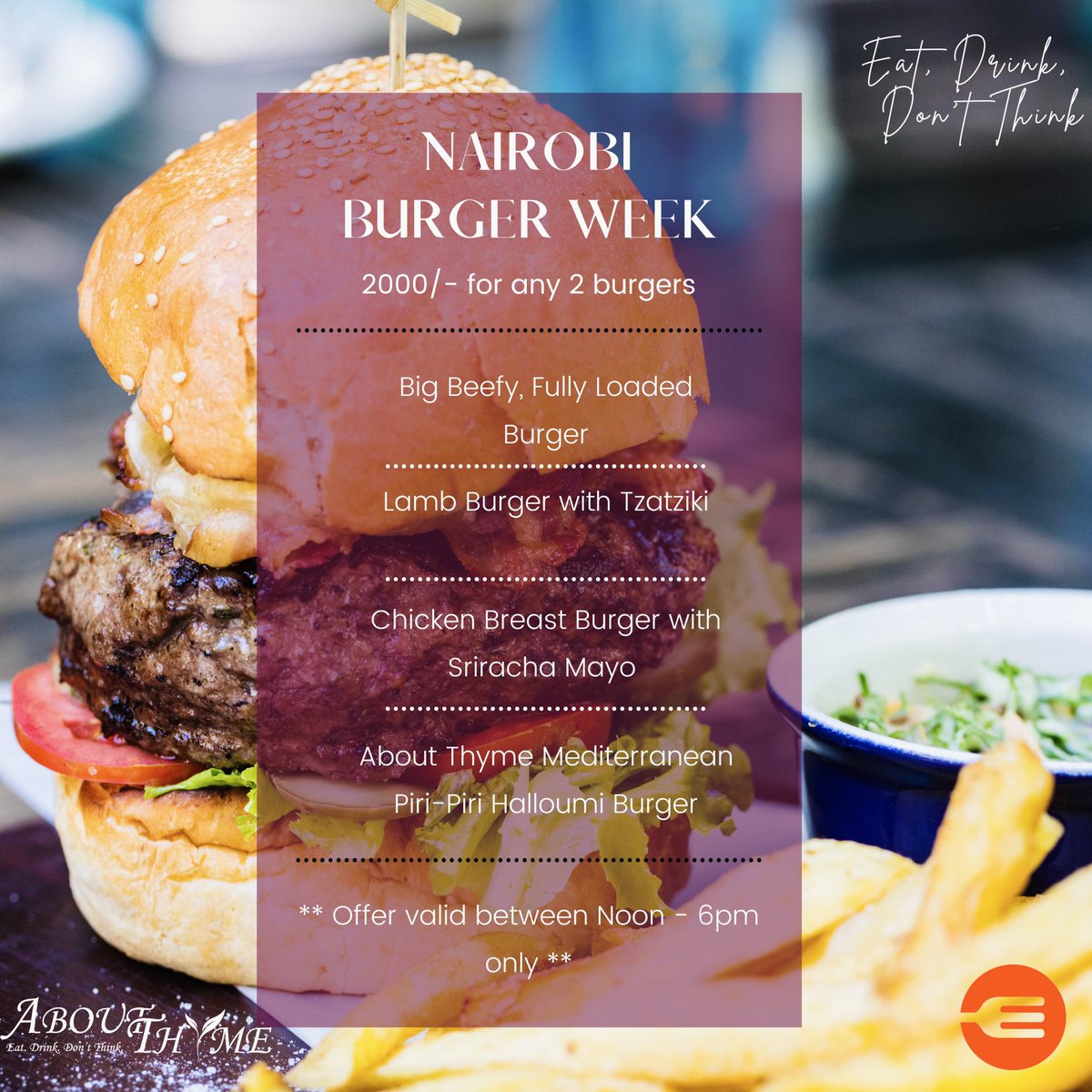 AboutThymeKE's tweet photo. 🍔🍔🍔🍔🍔🍔🍔🍔🍔🍔🍔🍔🍔🍔🍔
IT'S THAT 'THYME' OF THE YEAR TO BOND OVER BURGERS!!!!!
Friday 26th February through Sunday7th March 2021
Noon - 6 pm daily
MENU IN BIO 👆🏽
#Burgers #NairobiBurgerWeek #Foodie #NairobiRestaurants #Nairobi #AboutThyme #burgerweek #eatoutkenya https://t.co/Tx9fIdnUIl