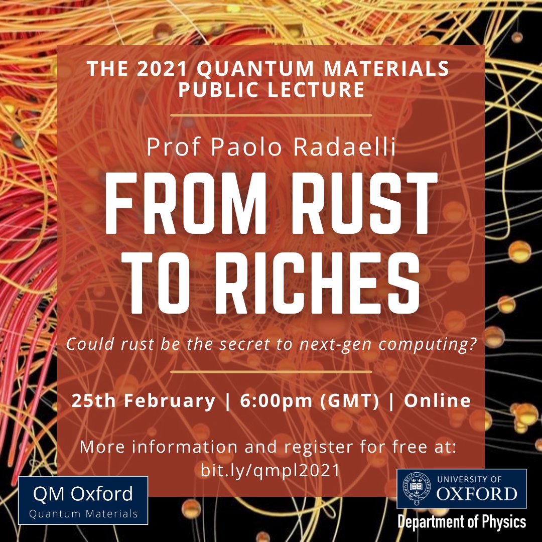Today! 'From Rust to Riches' by Prof <a href="/RadaelliPaolo/">Paolo Radaelli</a> 
If you have not booked, please hurry, and do so before 2pm UK time 😉👉physics.ox.ac.uk/events
<a href="/UniofOxford/">University of Oxford</a> <a href="/oxfordalumni/">Oxford University Alumni</a> <a href="/wadhamoxford/">Wadham College</a> @WadhamAlumni <a href="/OxfordNA/">Oxford North America</a> <a href="/keitoxford/">keitoxford</a> <a href="/OxfordSparks/">OxfordSparks</a> <a href="/QM_Oxford/">Quantum Materials Oxford</a> <a href="/quantuminfosoc/">Oxford University Quantum Information Society</a> <a href="/OxfordTalks/">Interesting Talks Oxford</a>