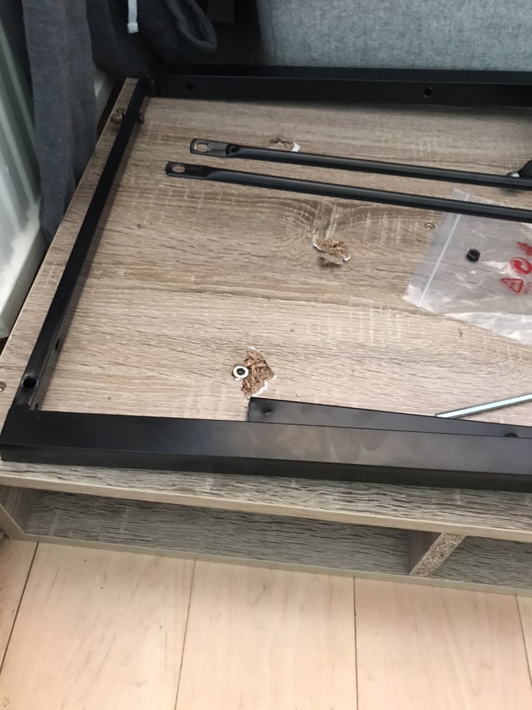 Dowsett's tweet photo. @bmstores I purchased this desk from you a few weeks ago and we just moved it yesterday and the leg came off. It was not overloaded and if one of my children was using it the desk would have crushed their legs. It is not repairable https://t.co/XlrzSMJaTF