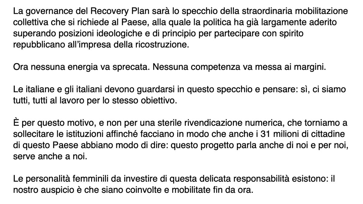 In questo momento di scelte cruciali per il futuro del Paese, è urgente mobilitare ogni energia. Che nessuna competenza venga messa ai margini: le personalità femminili in grado di contribuire alla ripartenza ci sono.

Il nostro appello

#RecoveryPlan #governodraghi #draghi