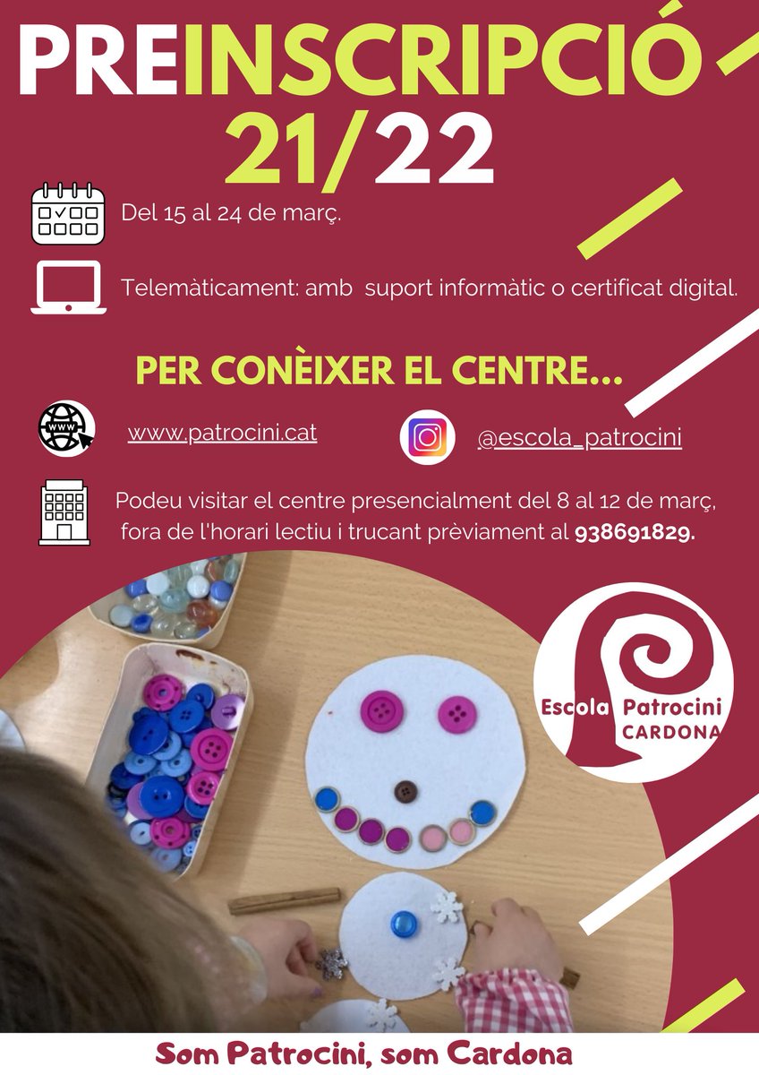 ATENCIÓ PERÍODE DE PREINSCRIPCIÓ: del 15 al 24 de març, telemàticament. preinscripcio.gencat.cat/ca/inici

Podeu visitar el centre del 8 al 12 de març, en horari no lectiu (tardes) sol·licitant cita prèvia al 93 869 18 29 o mitjançant l'enllaç que trobareu a la web agora.xtec.cat/ceip-mdpatroci…