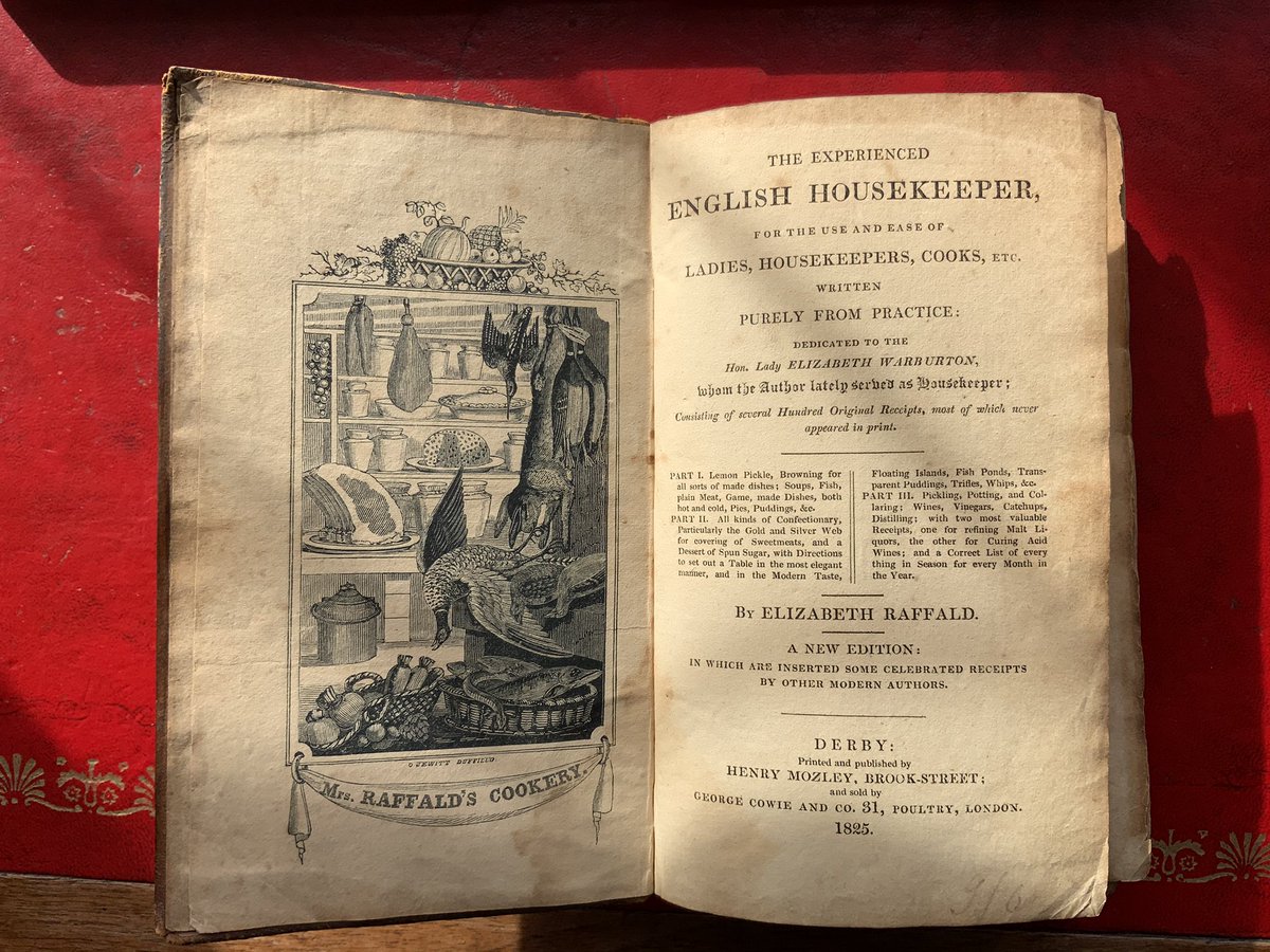 LucyVinten's tweet photo. Elizabeth Raffald’s English Housekeeper, this copy from 1825, with a fabulous pantry scene as frontispiece. Jane Maria Scarfe put her name in it. Some bizarre recipes - Rabbits Surprised, Pigeons Transmogrified anyone?
#LVMHouseholdBooks
#BookProvenance
#HerBook https://t.co/e9Nk62Jq4h
