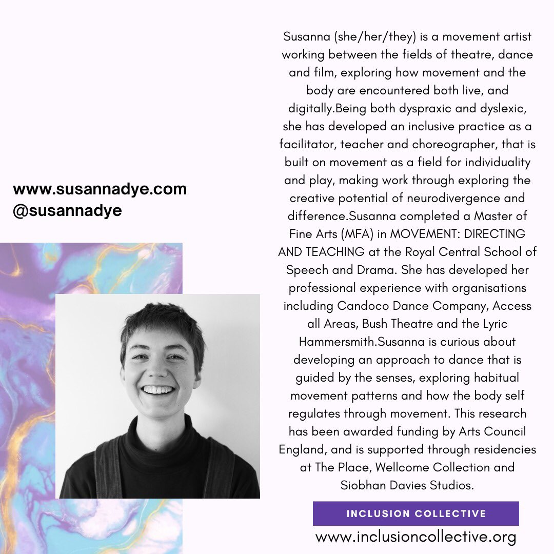 Today at 3:30pm UK on Instagram LIVE <a href="/inclusioncoll/">InclusionCollective</a> with incredible movement artist &amp; teacher Susanna Dye 💬 come along... ask a question 🙋🏼‍♀️ enjoy movement discussion #movementdirection #neurotwitter #InclusionMatters #neurodiversesquad