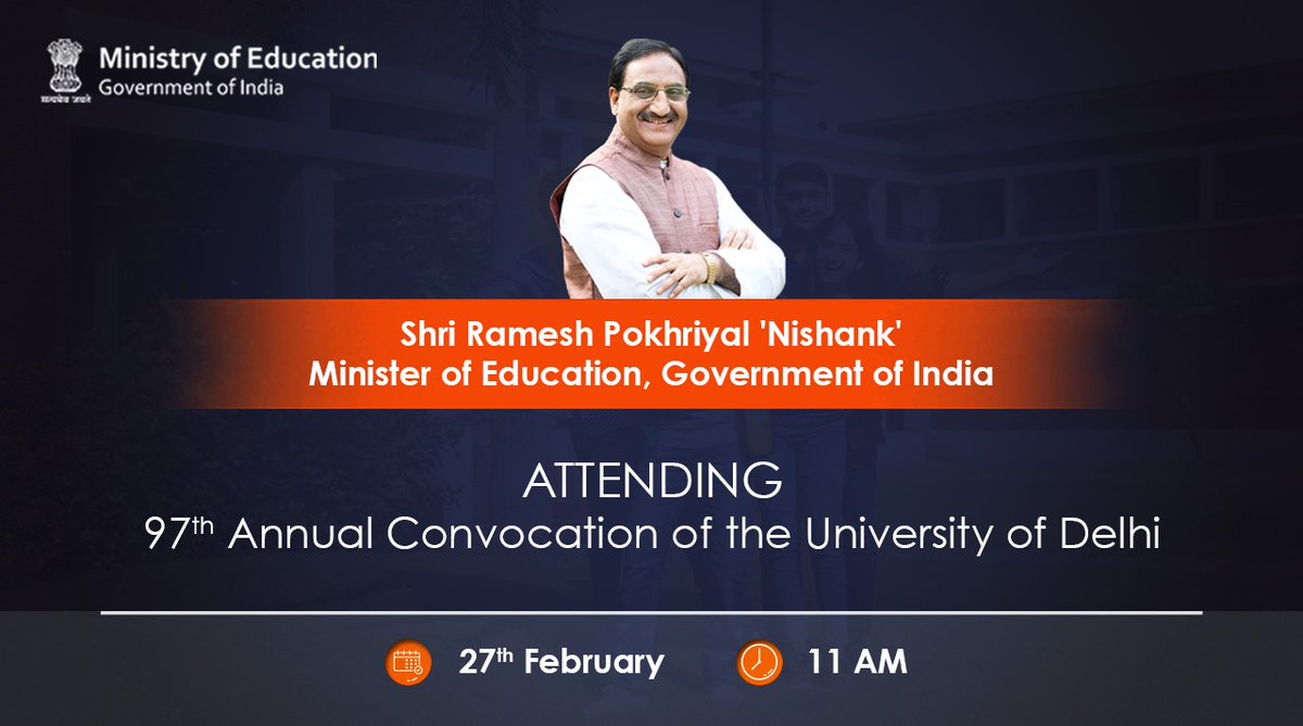 EduMinOfIndia's tweet photo. Minister of Education, Government of India Shri @DrRPNishank will be attending the 97th Annual Convocation of the University of Delhi (@UnivofDelhi) on Feb 27 at 11 AM. https://t.co/ueXfsNmRYN