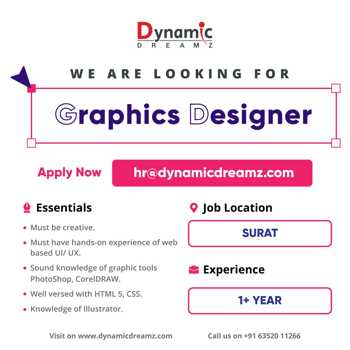 #graphicsdesigners #graphics #itjobsearch #itjobsinsurat #uiuxdeveloper #webbased #surat #suratjobs #coreldraw #photoshopwork #hiring #recruiting #dynamicdreamzwebsolutions #jobsearch #graphicdesigning