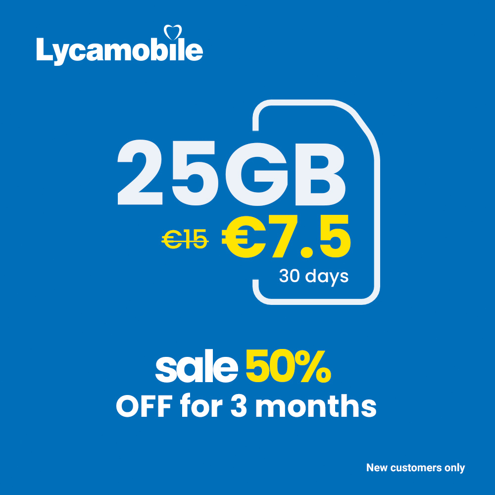 Lycamobile Ireland on ends. - 25GB €15/month T&C post X: for Ireland €7.50/month offer at data/month Plus. And with months Get just 50% \