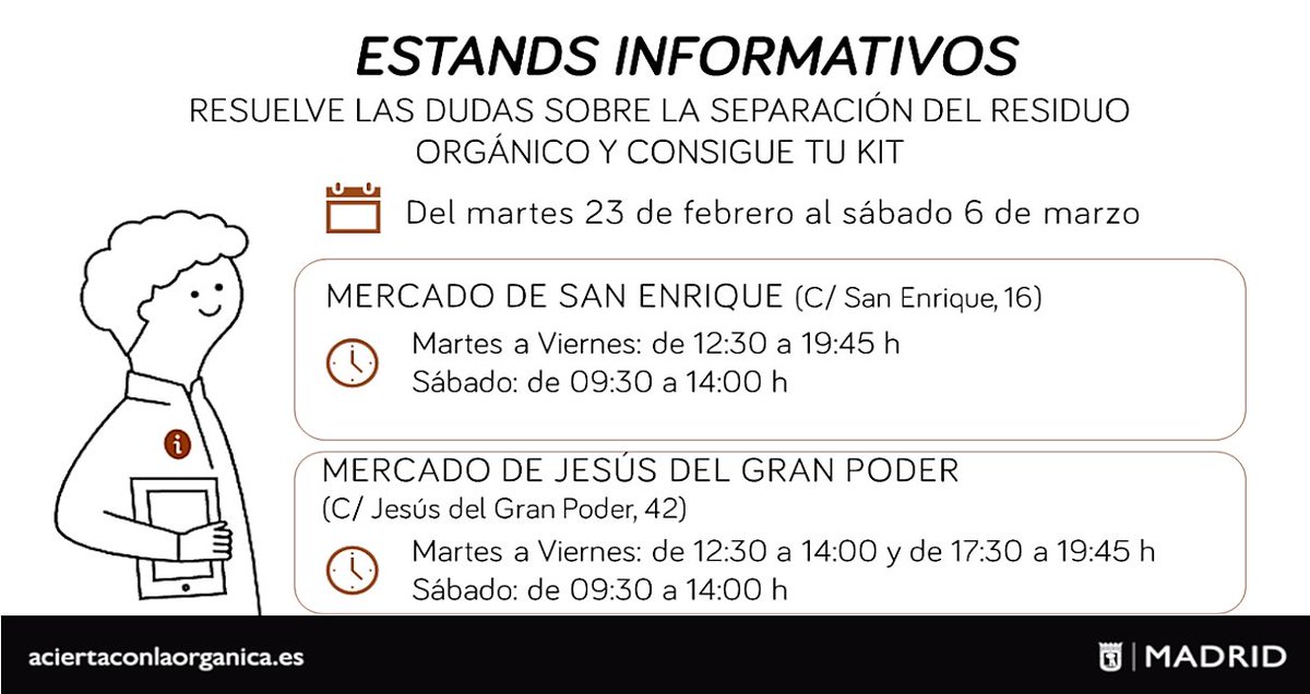 ♻ Un folleto por aquí, un cubito por allá…
El equipo de <a href="/AciertaOrganica/">Acierta con la Orgánica</a> te espera hasta el 📆 6 de marzo en el estand informativo del <a href="/MdoSanEnrique/">Mercado San Enrique</a> de #Tetuán
👉 Consulta aquí sus ubicaciones y horarios: informate.madrid.es/v242m1

#residuos #OrgánicaMadrid