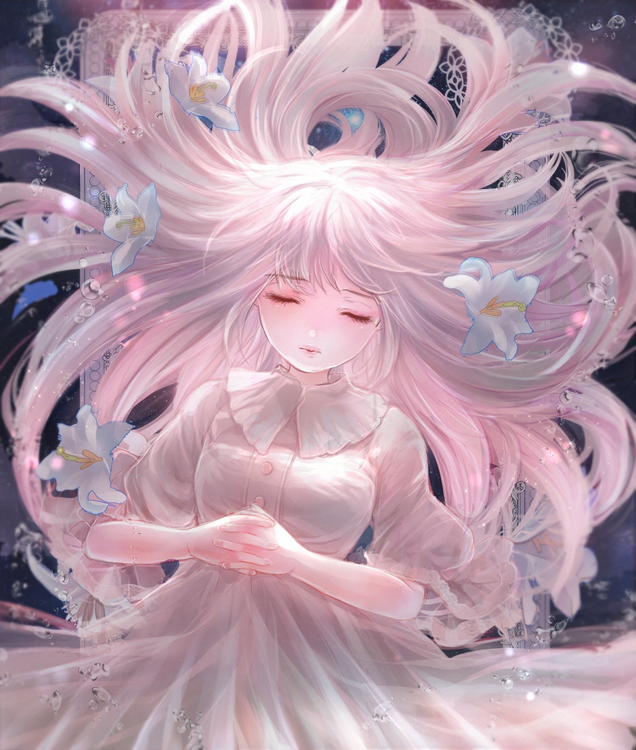 Twitter 上的 こもりひっき 幻想少女絵 眠り姫 厚塗り Digital Illustration 月の光の下で眠る 星空の下 百合の花に包まれて眠る少女を イメージした創作イラストです 月の光に照らされた 半透明のガラス細工のような 塗りのための練習作品です 女の子の
